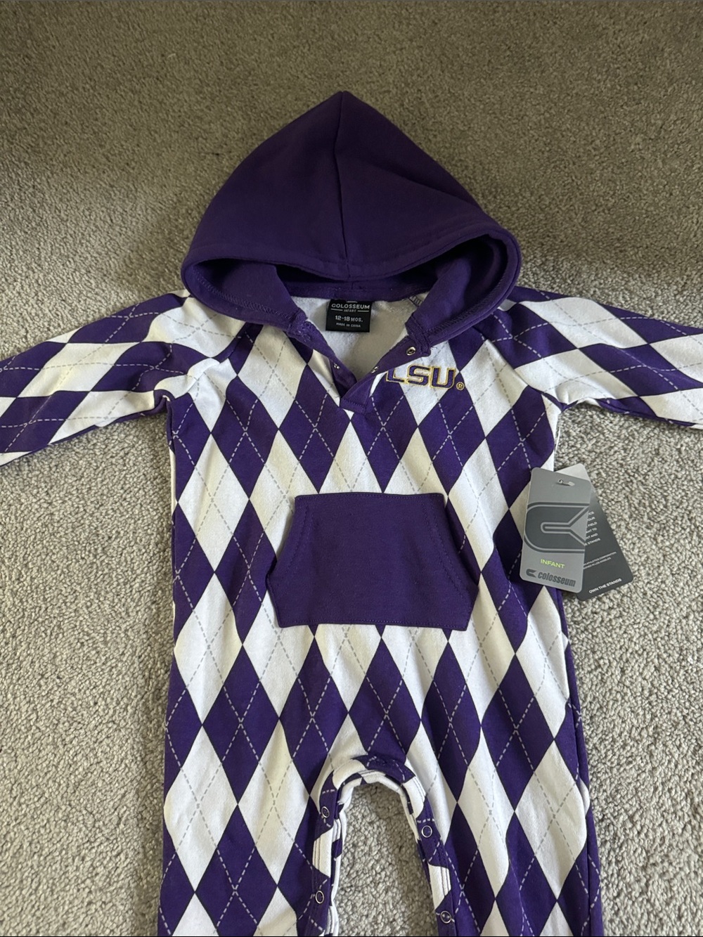 Colosseum LSU Purple and White Argyle Hooded Baby One-Piece